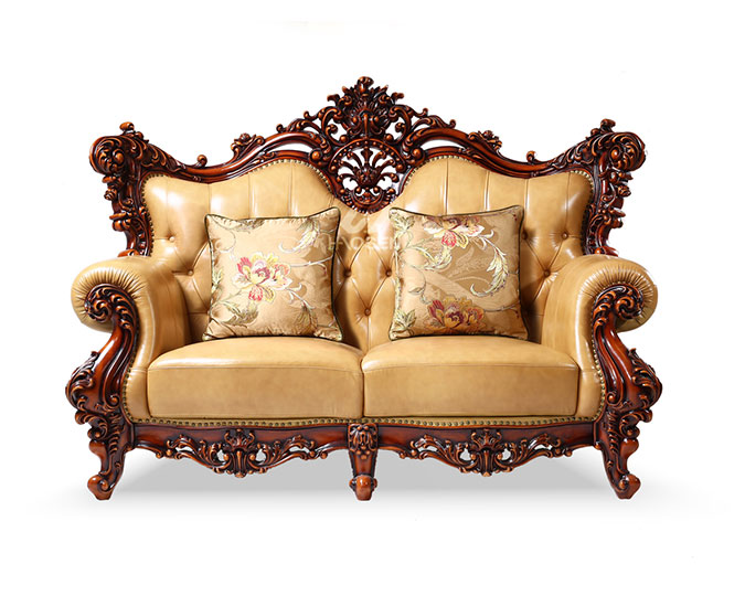 美式古典高档实木客厅真皮双人沙发