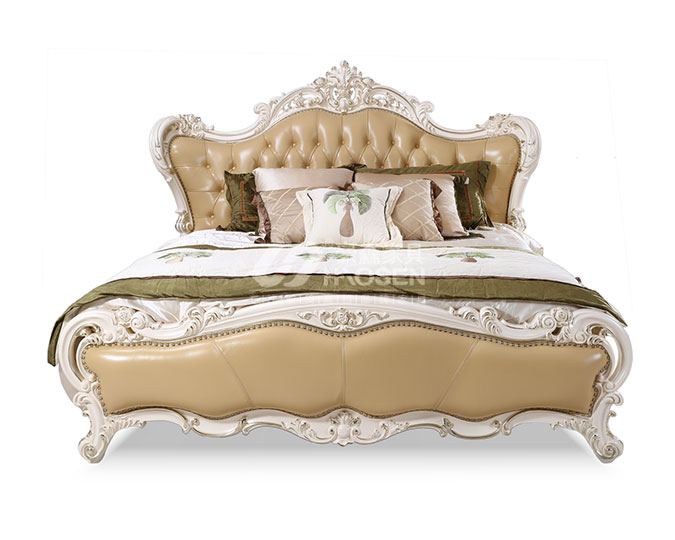 美式古典真皮雕花双人床