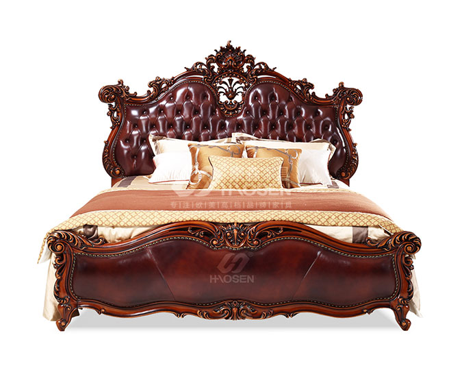 美式古典实木真皮卧室床