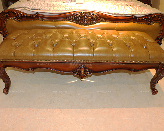 高档美式古典实木雕花卧室长床尾凳