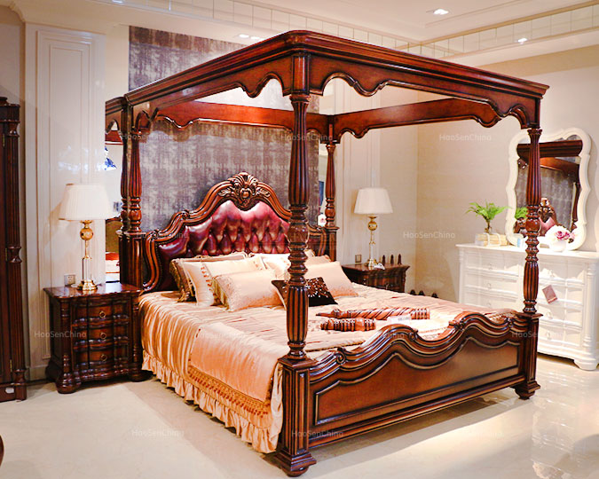 美式古典真皮实木仿古雕花低柱子床